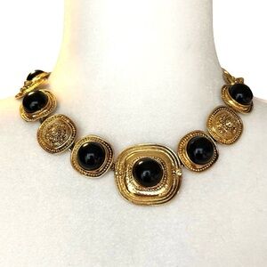 Lame Vintage Black Cabochons Gold Tone Choker Chunky Necklace